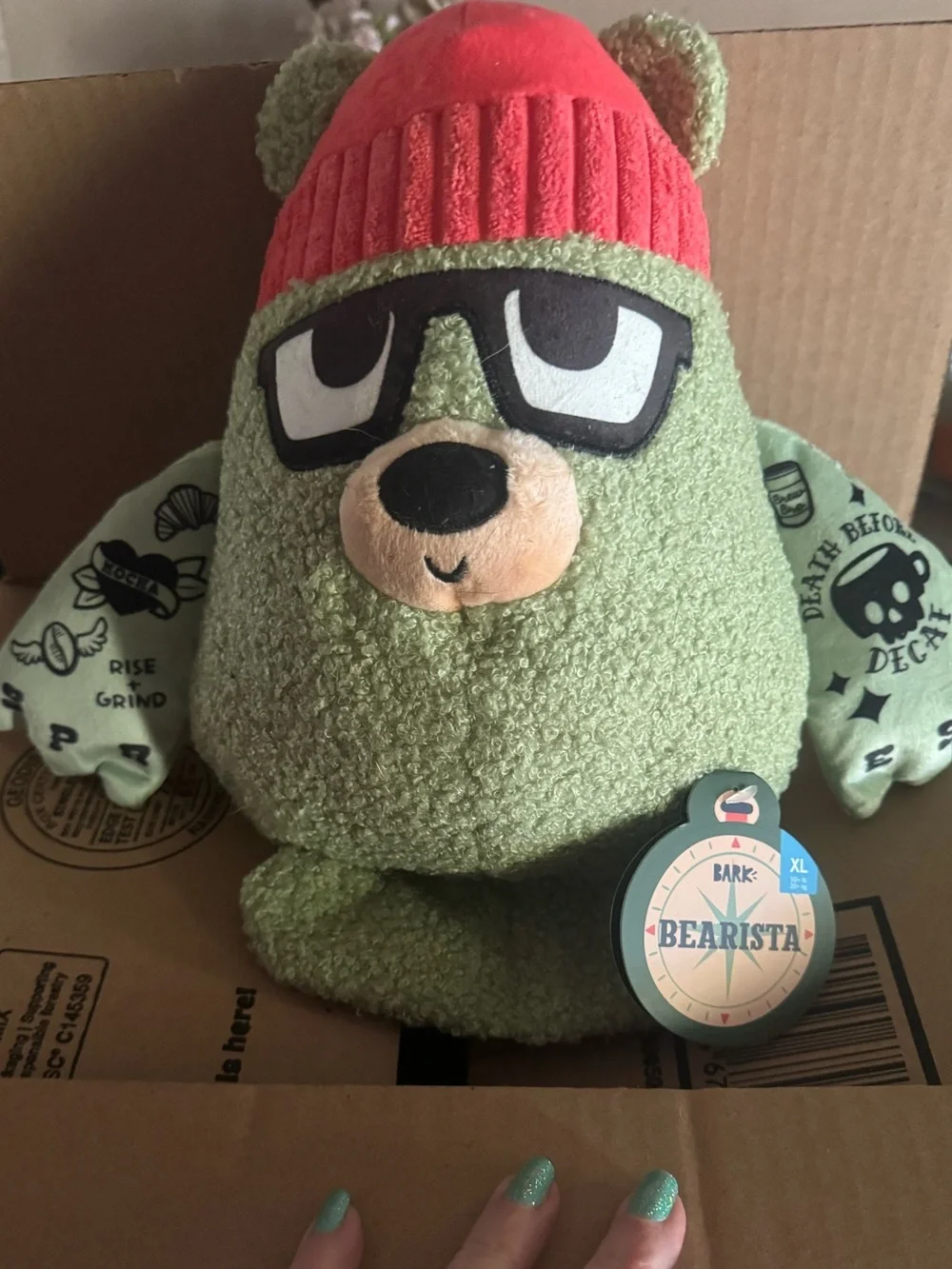Bark Box XL Bearista death before decaf Giant dog toy NEW crinkle, squeak thrash
